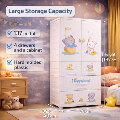 Mevigo 4- Door Plastic Wardrobe for Kids| Almirah and Wardrobe for Baby Clothes| Modular Storage Cabinet with Wheel Organizer for Cupboard Rack for Clothes/Shoes/Books/Toy-Funny Bear-SJ6514 - Image 3