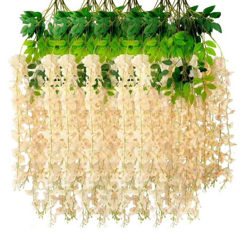 Luerbi 24 Pack Champagne Wisteria Hanging Flowers Garland 377 Feet Artificial Flower Vines Fake Wisteria Artificial Vines Hanging Garland for Backdrop Outdoor Yard Garden Decor - Image 2