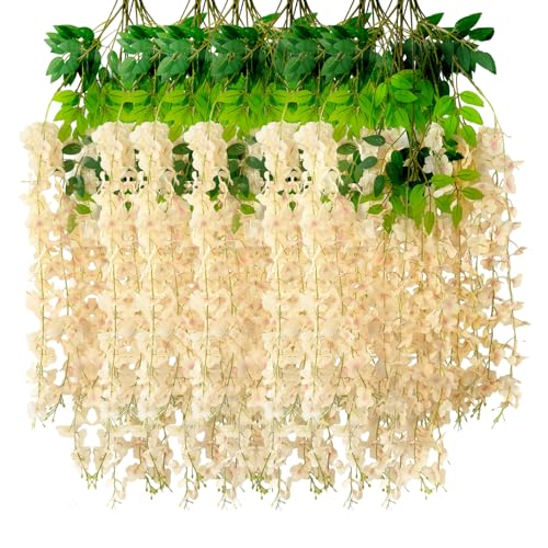 Luerbi 24 Pack Champagne Wisteria Hanging Flowers Garland 377 Feet Artificial Flower Vines Fake Wisteria Artificial Vines Hanging Garland for Backdrop Outdoor Yard Garden Decor - Image 1