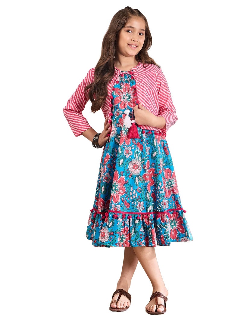 Pspeaches Girls Cotton Round Neck Floral Print 2 Piece Dress With Cape|Indo-Western For Kids Girls|Casual Wear & Party Outfit 10-12 Year Blue & Pink - Image 1