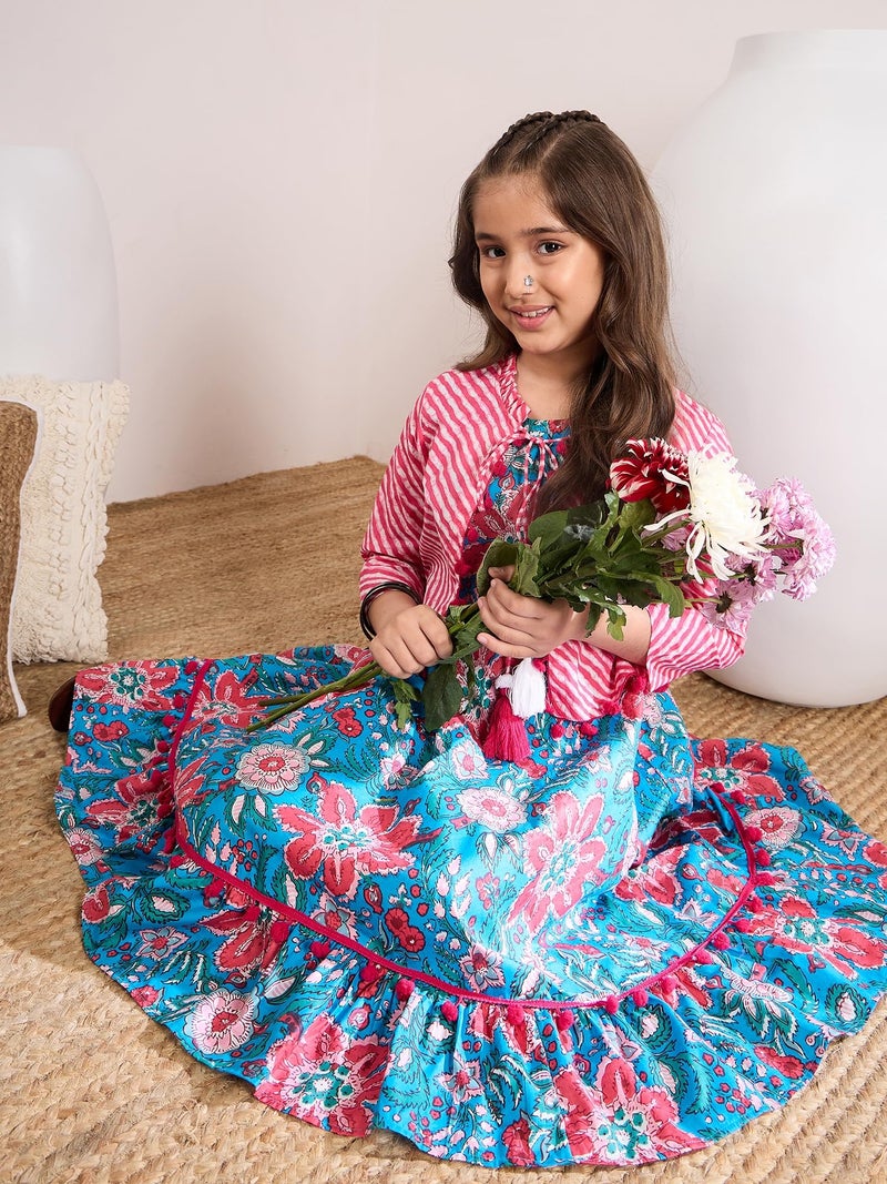 Pspeaches Girls Cotton Round Neck Floral Print 2 Piece Dress With Cape|Indo-Western For Kids Girls|Casual Wear & Party Outfit 10-12 Year Blue & Pink - Image 5