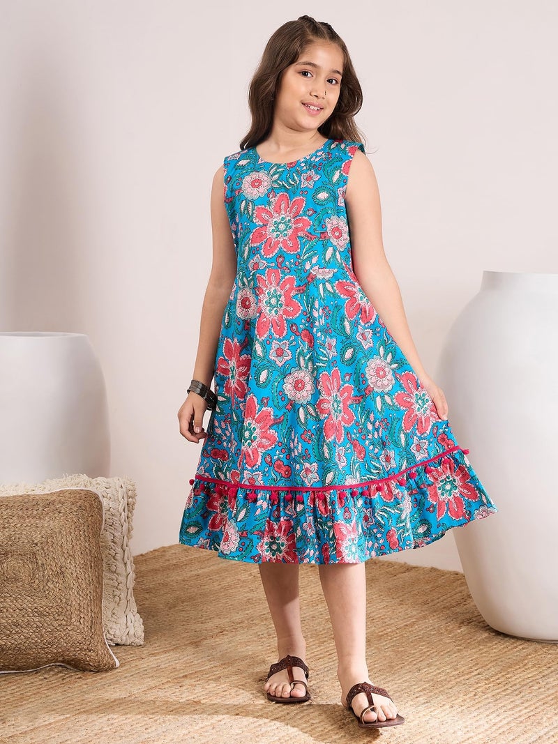 Pspeaches Girls Cotton Round Neck Floral Print 2 Piece Dress With Cape|Indo-Western For Kids Girls|Casual Wear & Party Outfit 10-12 Year Blue & Pink - Image 3