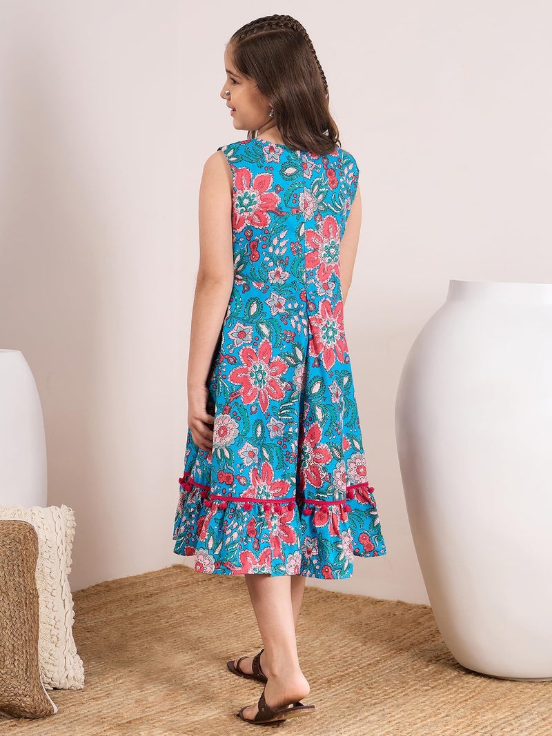 Pspeaches Girls Cotton Round Neck Floral Print 2 Piece Dress With Cape|Indo-Western For Kids Girls|Casual Wear & Party Outfit 10-12 Year Blue & Pink - Image 4