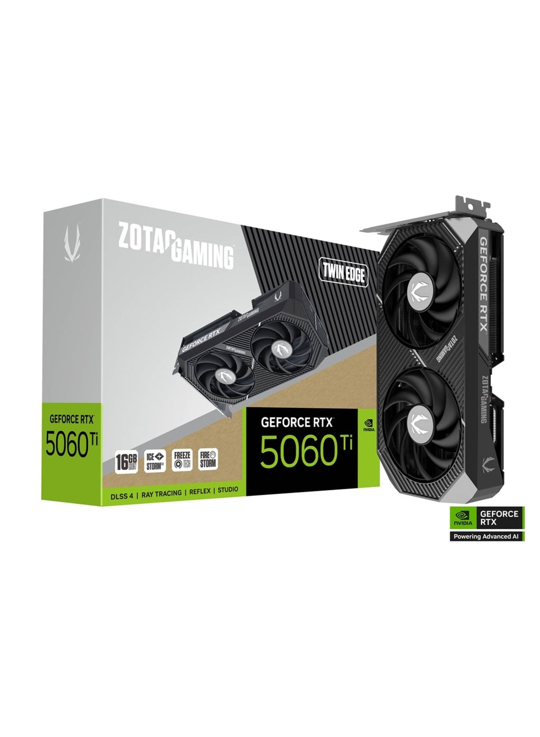 GeForce RTX 5060 Ti 16GB GDDR7 Twin Edge GPU, Blackwell Architecture, 4608 CUDA Cores, 2572 MHz Clock, PCIe 5.0 x8, 128-bit, 28 Gbps, IceStorm 2.0 Dual-Fan Cooling, BladeLink Fans, FREEZE Fan Stop, Metal Backplate, 1x HDMI 2.1b, 3x DisplayPort 2.1b, VRR, SFF Ready, 180W TGP, 8-Pin Power, DirectX 12 Ultimate | ZT-B50620E-10M