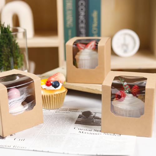NPLUX 25 Pcs Cupcake Boxes Individual Cupcake Containers PreAssembled Single Cupcake Boxes 35x35x35 with 25 Pcs Inserts for Cupcakes Muffins Party FavorsBrown - Image 3
