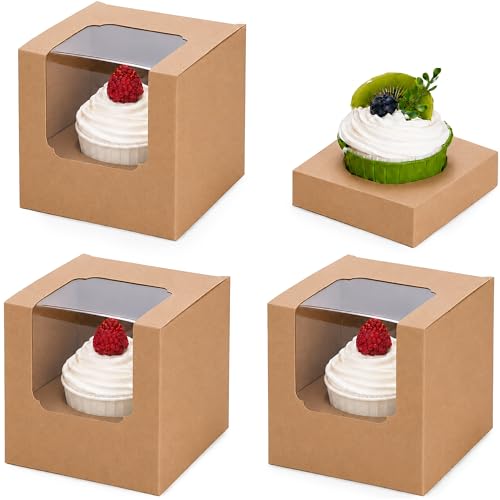 NPLUX 25 Pcs Cupcake Boxes Individual Cupcake Containers PreAssembled Single Cupcake Boxes 35x35x35 with 25 Pcs Inserts for Cupcakes Muffins Party FavorsBrown - Image 1