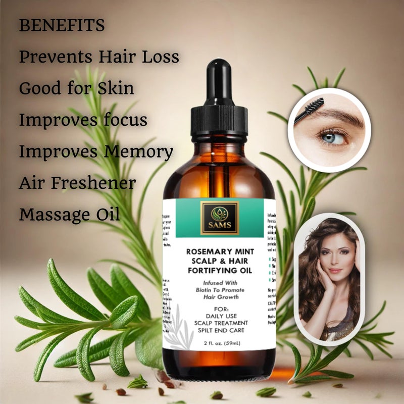 SAMS Rosemary Mint Hair Growth Oil - Organic Scalp Treatment, Strengthens u0026 Nourishes, Prevents Breakage, Fast Hair Growth, 2 fl oz, Green - Image 2