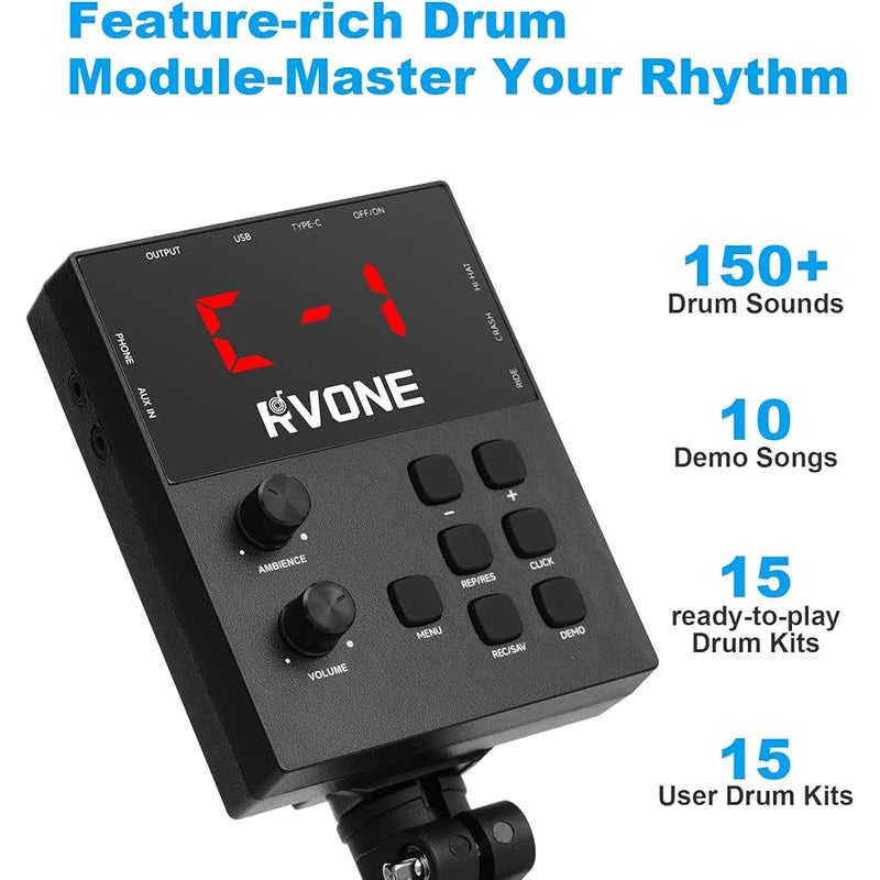 RVONE RED-200 Electronic Drum Set with 4 Quiet Mesh Pads - Image 5