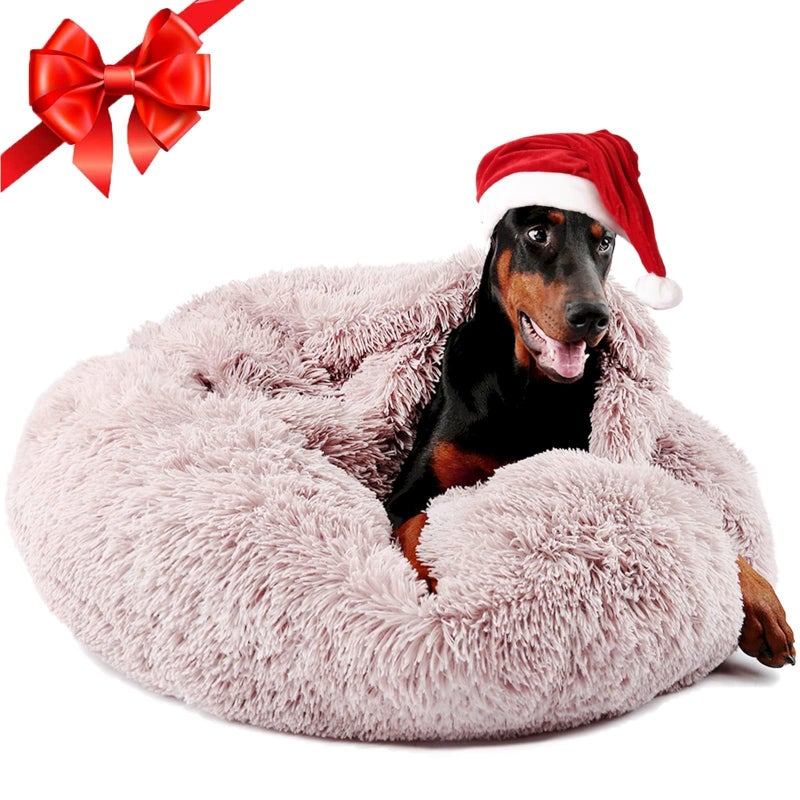 Himax Donut Dog Beds for Large Dogs with Blanket, Cozy Soft Fluffy Round Dogs Beds, Calming Dog Bed Washable (20"/26"/35") Light Grey - Image 1