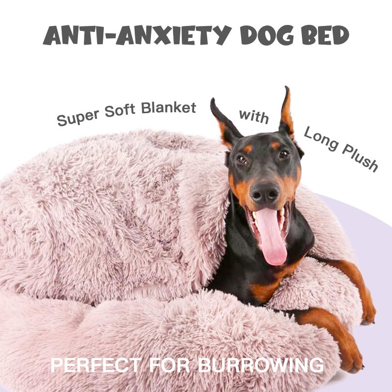 Himax Donut Dog Beds for Large Dogs with Blanket, Cozy Soft Fluffy Round Dogs Beds, Calming Dog Bed Washable (20"/26"/35") Light Grey - Image 3