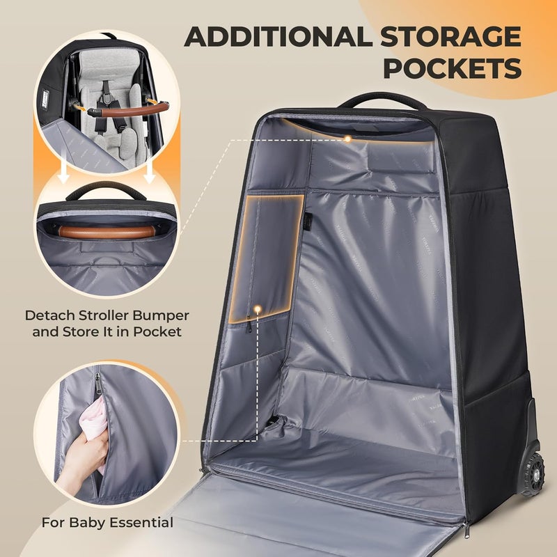YOREPEK Stroller Bag Compatible with UPPAbaby Vista V2 Vista V3 or Cruz with Rear Wheels Padded Stroller Travel Bag for Airplane with Wheels Foldable Stroller Cover with Storage Pocket All Balck - Image 5