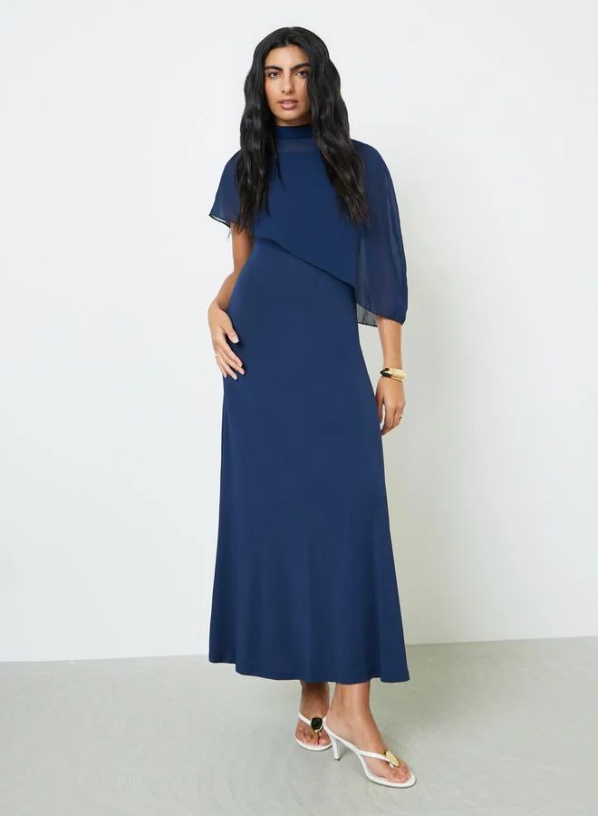 Styli Dark Blue Sleeveless Maxi Dress with Chiffon Cape