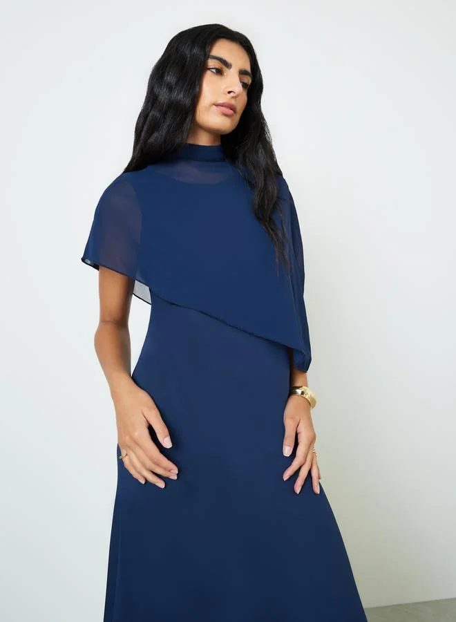Styli Dark Blue Sleeveless Maxi Dress with Chiffon Cape