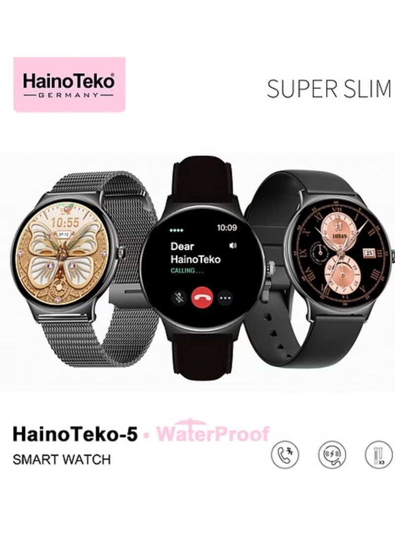 HainoTeko Super Slim Smartwatch – Round AMOLED Display, Waterproof Fitness Tracker, AI Voice Assistance, Heart Rate, Sleep & Step Monitoring – Lightweight Design with 3 Stylish Straps for Women, Compatible with Android & iOS – Black" - Image 3