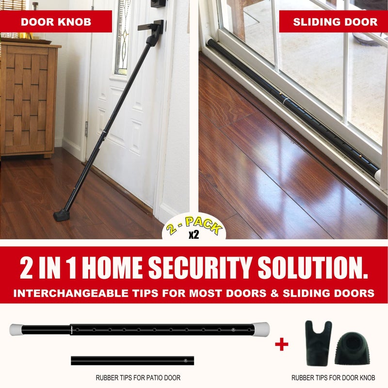 SECURITYMAN 2-in-1 Door Security Bar & Sliding Patio Door Security Bar (2 Pack) via Interchangeable Caps - Heavy Duty Iron Construction Door Stoppers for Home, Apartment, Travel Hotel - Black - Image 2