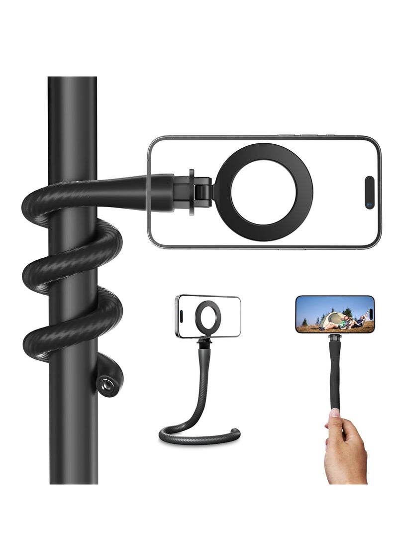 Magnetic Flexible Phone Mount Clamp, Tripod Stand Stick Pole, Adjustable Gooseneck Tripod, Phone Holder Attach Stand Accessories Arm Mount, for Phones, Stroller Treadmill Tube Bike Motorcycle, Black - Image 1