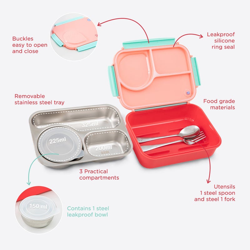 Hydrobrew Steel Core Lunch Box 750ml + 150ml Food Jar w/ cutlery, Stainless Steel, Leakproof - PINK SORBET - Image 3