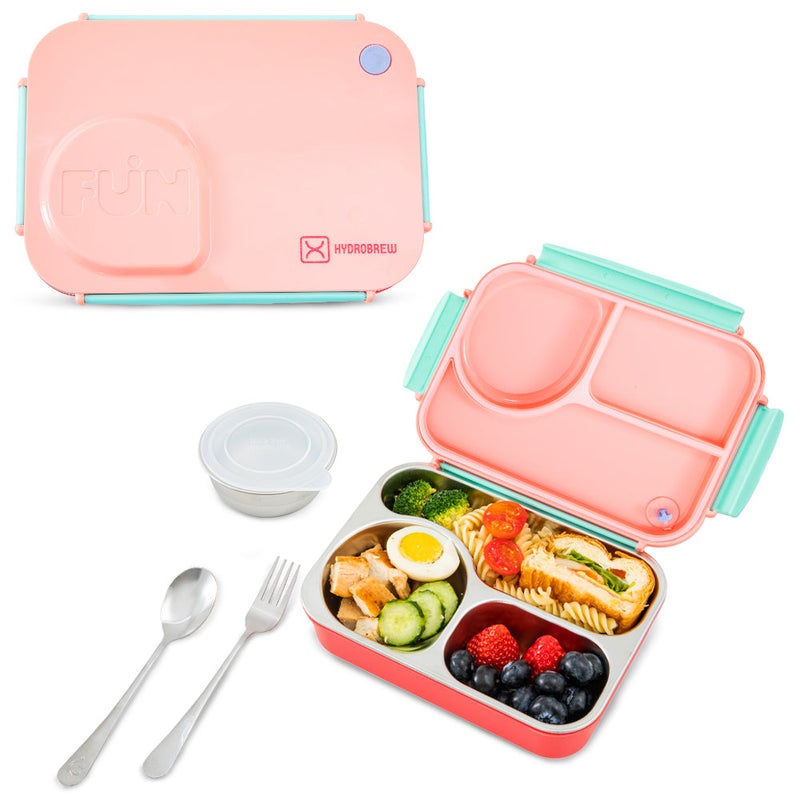 Hydrobrew Steel Core Lunch Box 750ml + 150ml Food Jar w/ cutlery, Stainless Steel, Leakproof - PINK SORBET - Image 1