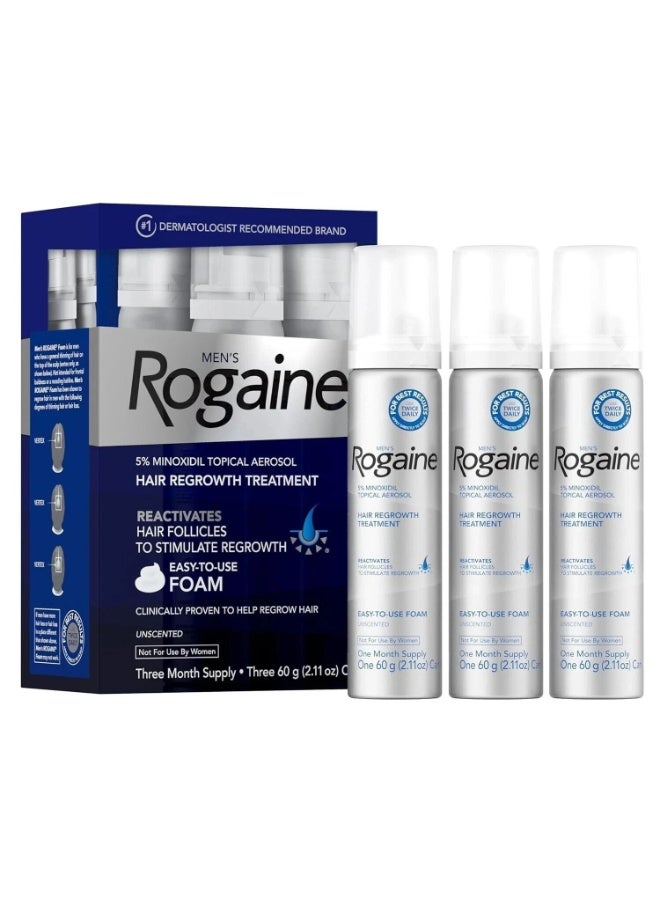 روجين Men's Rogaine 5% Minoxidil Foam for Hair Loss and Hair Regrowth, Topical Treatment for Thinning Hair, 3-Month Supply 2.11 Ounce, 3 Countounce 60ggrams - Image 1