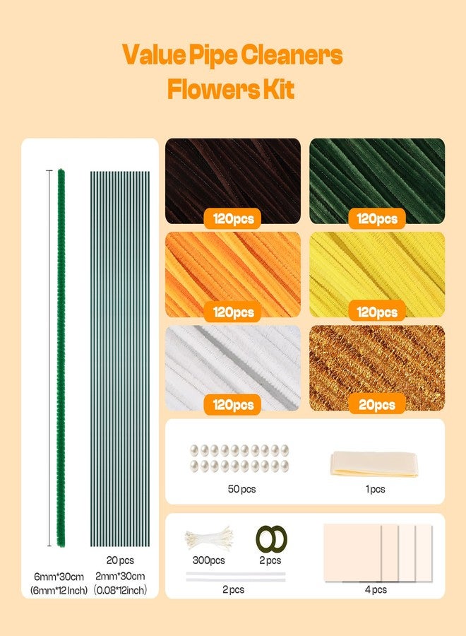 Caydo 700PCS Pipe Cleaners Flower Kit, Yellow Chenille Stems Bulk with Floral Wires, Ribbons, Tapes, Stamens, Glue Sticks for Making Craft Pipe Cleaner Bouquets - Image 4
