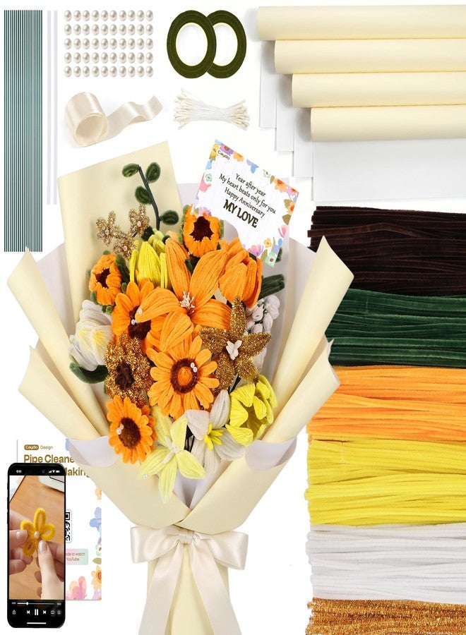 Caydo 700PCS Pipe Cleaners Flower Kit, Yellow Chenille Stems Bulk with Floral Wires, Ribbons, Tapes, Stamens, Glue Sticks for Making Craft Pipe Cleaner Bouquets - Image 1