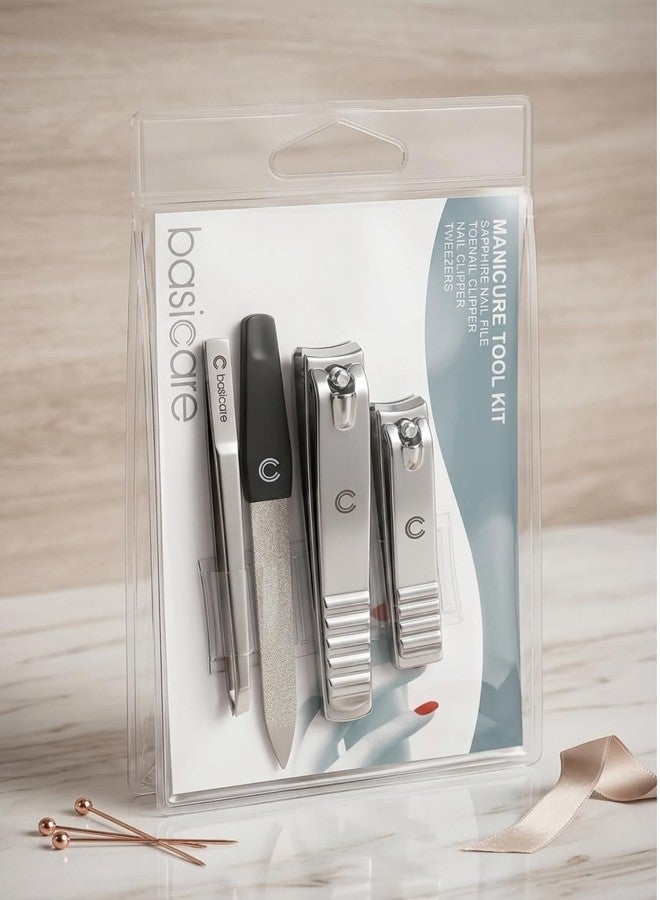 Basicare Professional Manicure Tool Kit, Stainless Steel, with Nail Clipper, Toenail Clipper, Sapphire Nail File and Tweezers, 4 Pcs - Image 3