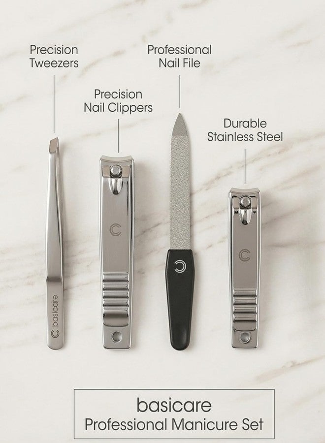 Basicare Professional Manicure Tool Kit, Stainless Steel, with Nail Clipper, Toenail Clipper, Sapphire Nail File and Tweezers, 4 Pcs - Image 1