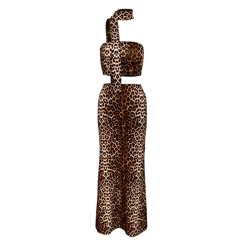 AC317 European and American style womens clothing 2024 autumn new sexy leopard print neck top hot girl hip skirt suit women Leopard print