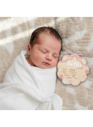 Hello World Wooden Baby Birth Announcement Sign with Pink Bow, Cloud Shape Floral Newborn Name Date Time Weight Length Board, Baby Girl Nursery Photo Prop (Light Pink) - view 2