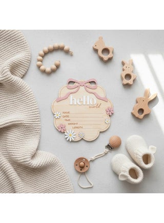 Hello World Wooden Baby Birth Announcement Sign with Pink Bow, Cloud Shape Floral Newborn Name Date Time Weight Length Board, Baby Girl Nursery Photo Prop (Light Pink) - view 3