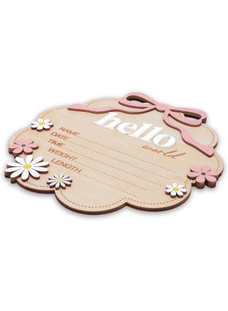 Hello World Wooden Baby Birth Announcement Sign with Pink Bow, Cloud Shape Floral Newborn Name Date Time Weight Length Board, Baby Girl Nursery Photo Prop (Light Pink) - view 4