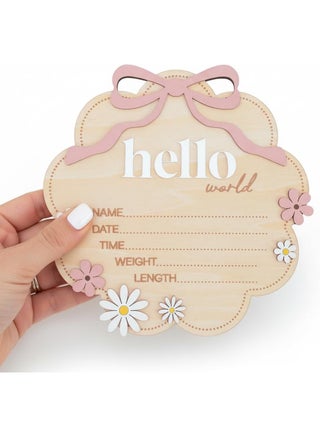 Hello World Wooden Baby Birth Announcement Sign with Pink Bow, Cloud Shape Floral Newborn Name Date Time Weight Length Board, Baby Girl Nursery Photo Prop (Light Pink) - view 5
