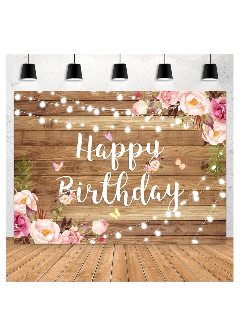 SYOSI Happy Birthday Backdrop Pink Floral Happy Birthday Backdrop Butterfly Wooden Floor Watercolor Flowers Girls Women Photography Background Banner Cake Table Supplies Party Decoration Photo Booth - Image 1