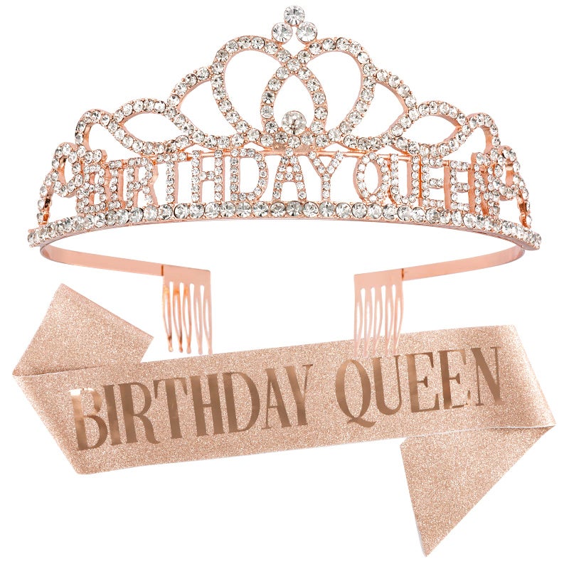 CAVETEE Rose Gold Birthday Crowns Sash Queen Tiara for Party Decorations