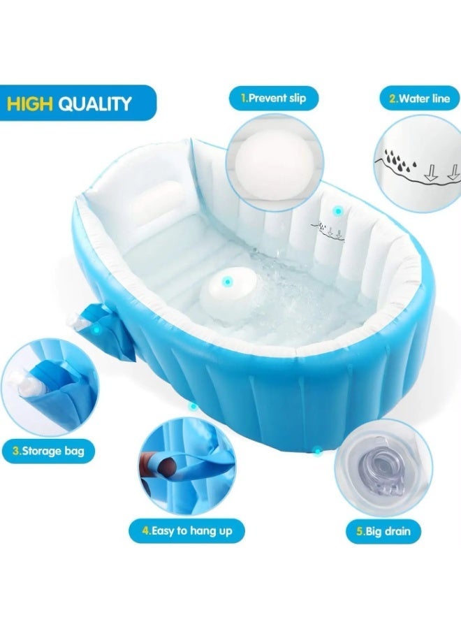 Baby Inflatable Bathtub 38.5x25.2x11in Portable Infant Toddler Non Slip Travel Bath Tub Thick Foldable Shower Basin Air Pump Included Blue 0-3 Yrs - Image 2
