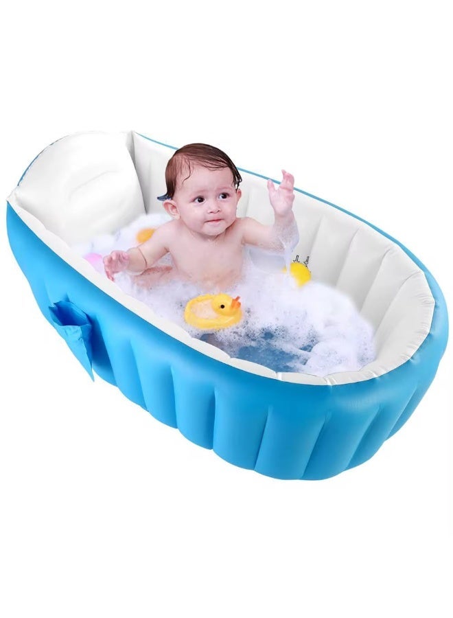 Baby Inflatable Bathtub 38.5x25.2x11in Portable Infant Toddler Non Slip Travel Bath Tub Thick Foldable Shower Basin Air Pump Included Blue 0-3 Yrs - Image 1