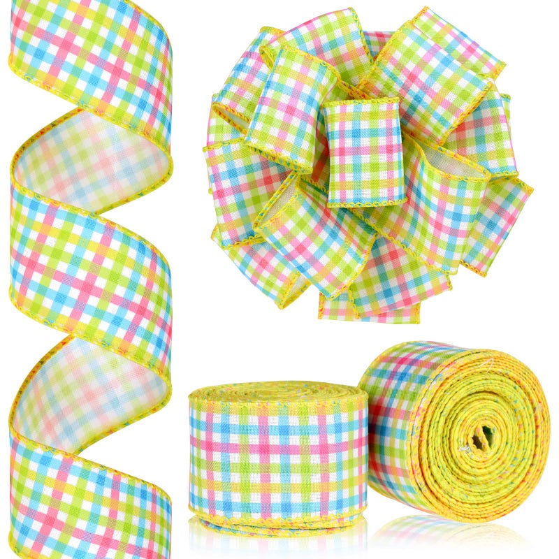 MTLEE 20 Yard Easter Spring Wired Ribbon Pastel Plaid Wired Ribbon Gingham Pink Blue Yellow Green Craft for Wreaths Plaid Fabric Decor Craft 2 Inch
