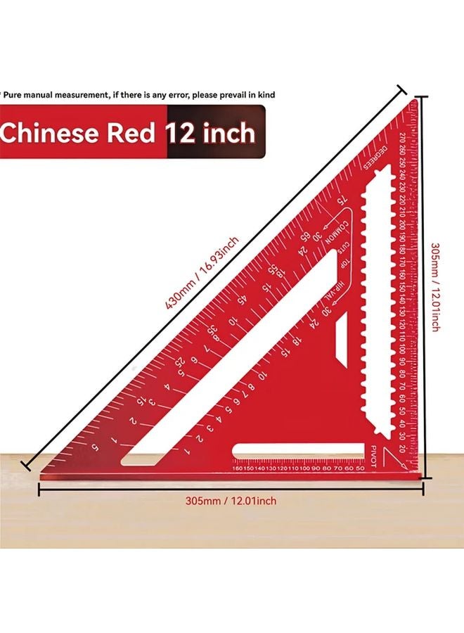 Red 12 Inch Aluminum Alloy High Precision Woodworking Triangle Ruler Protractor - Image 1