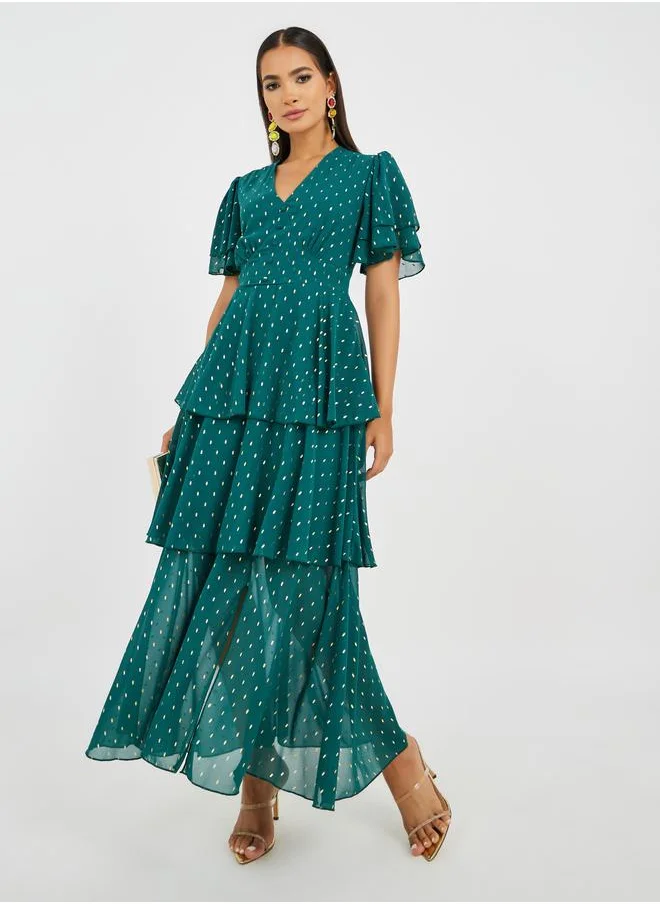 Styli Styli Self Design Flared Sleeves Tiered Maxi Dress