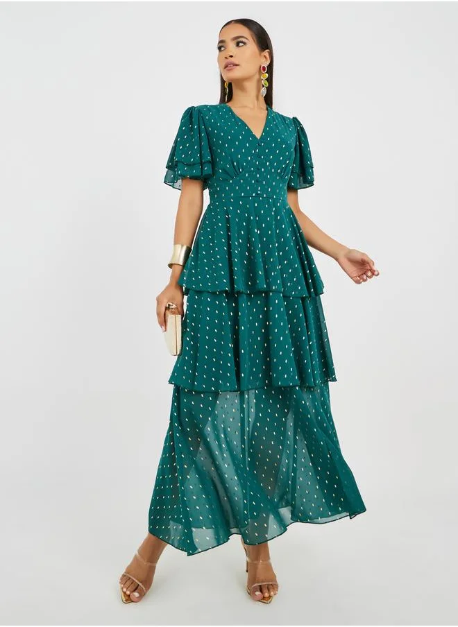 Styli Styli Self Design Flared Sleeves Tiered Maxi Dress