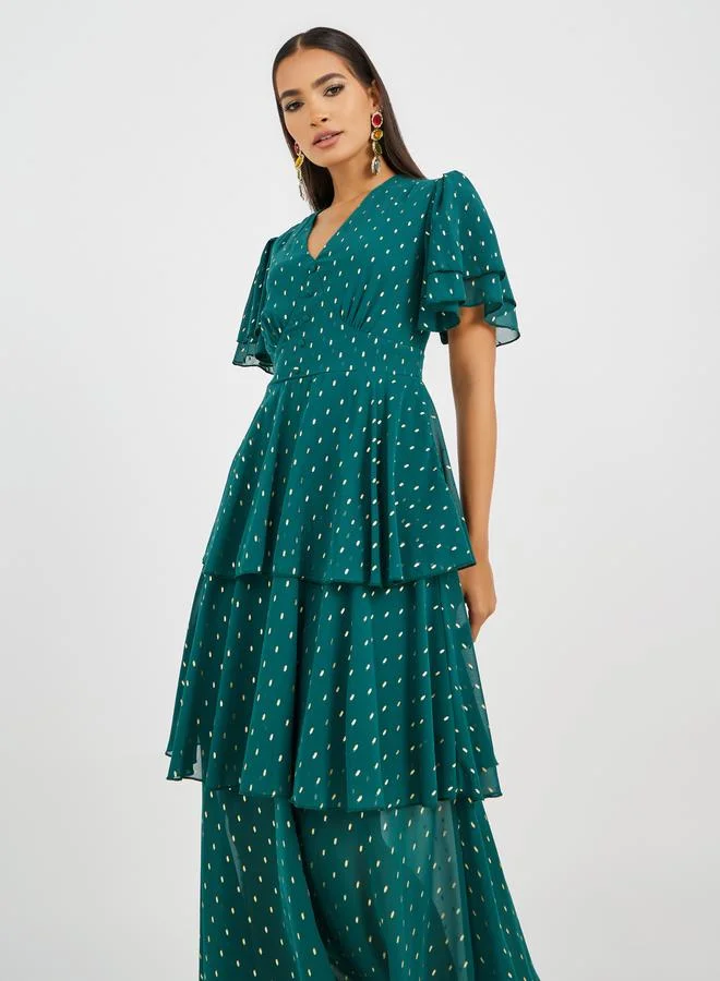 Styli Styli Self Design Flared Sleeves Tiered Maxi Dress