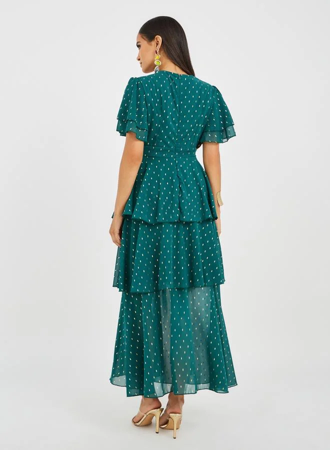 Styli Styli Self Design Flared Sleeves Tiered Maxi Dress