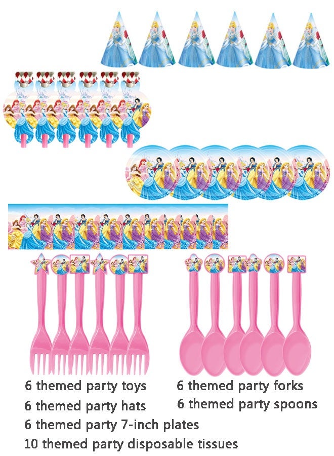 Party Princess Themed Party Supplies Set - 6 Hats, 6 Plates, 10 Tissues, 6 Forks, 6 Spoons, 6 Toys - Image 1