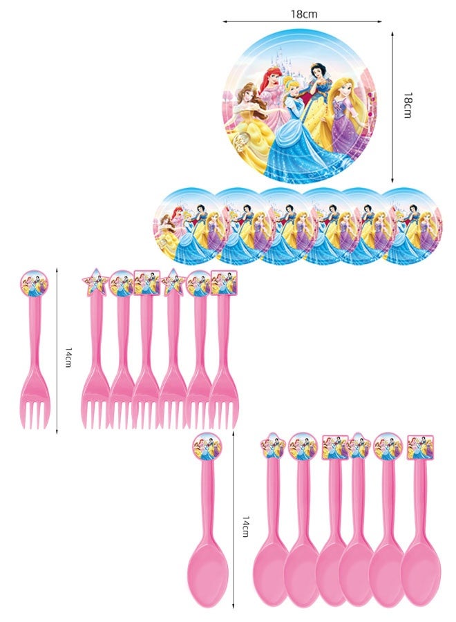 Party Princess Themed Party Supplies Set - 6 Hats, 6 Plates, 10 Tissues, 6 Forks, 6 Spoons, 6 Toys - Image 2