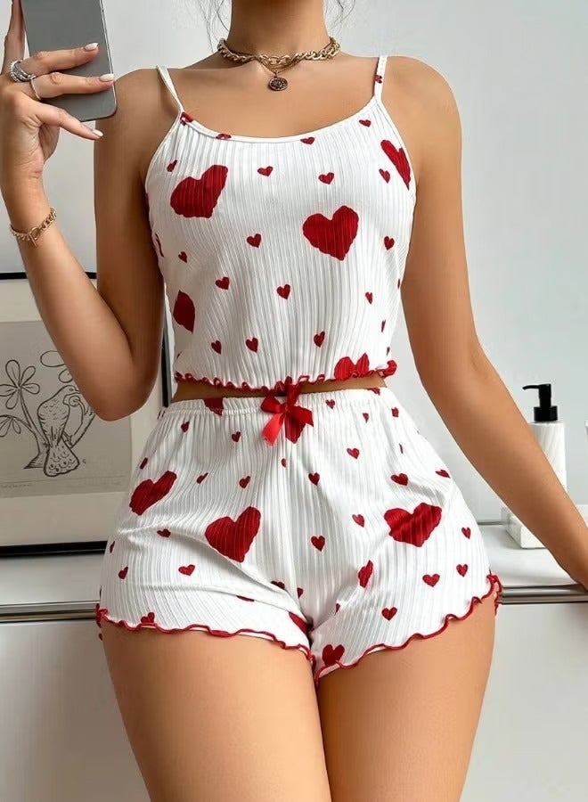 طقم بيجامة نسائي ناعم وجميل، طقم ملابس نوم مكون من قطعتين، قميص داخلي قصير، شورت (كبير) - Image 1