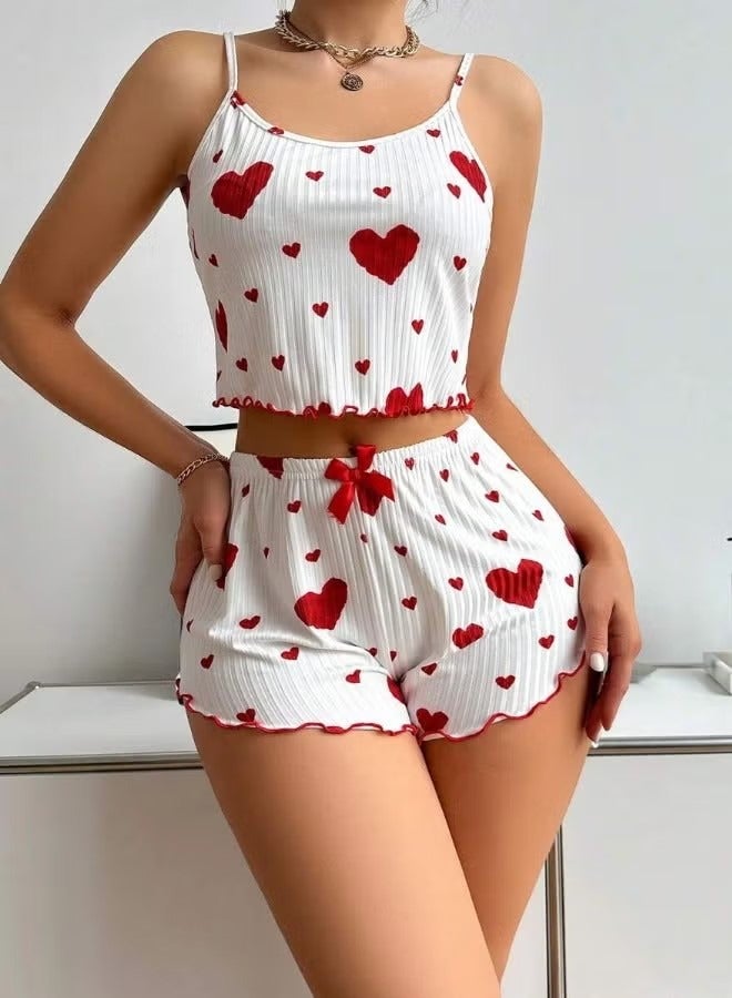 طقم بيجامة نسائي ناعم وجميل، طقم ملابس نوم مكون من قطعتين، قميص داخلي قصير، شورت (كبير) - Image 2