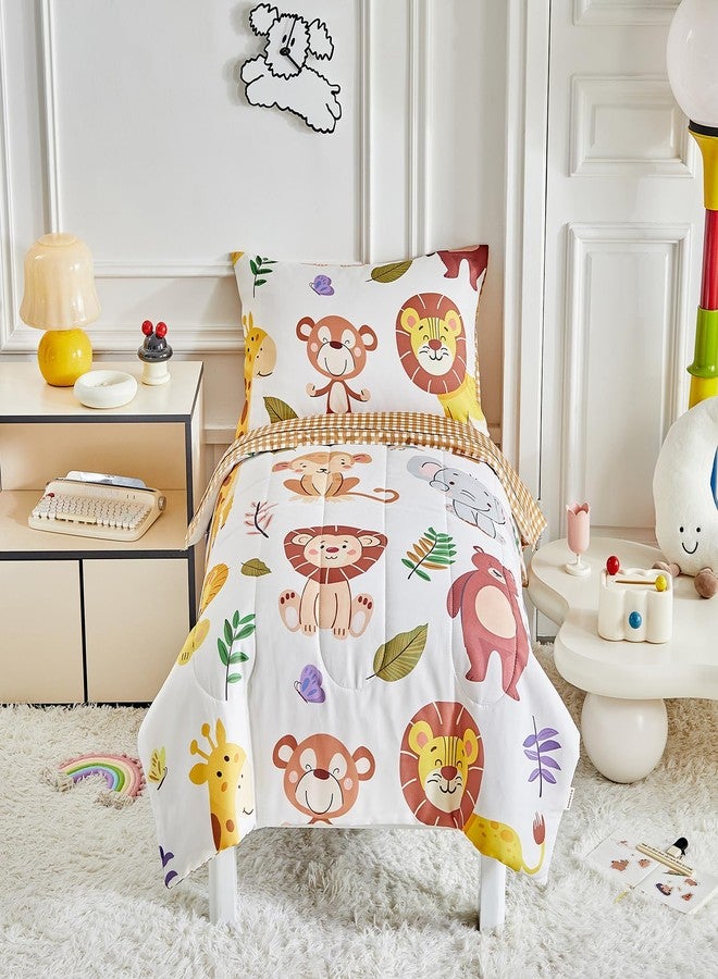 Joyreap 4 Piece Toddler Bedding Set- Cartoon Zoo Theme Animals Beige Design, Microfiber Toddler Bedding Comforter Set for Kids Boys Girls - Image 3