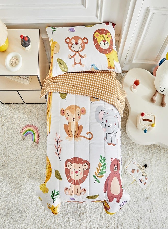 Joyreap 4 Piece Toddler Bedding Set- Cartoon Zoo Theme Animals Beige Design, Microfiber Toddler Bedding Comforter Set for Kids Boys Girls - Image 1