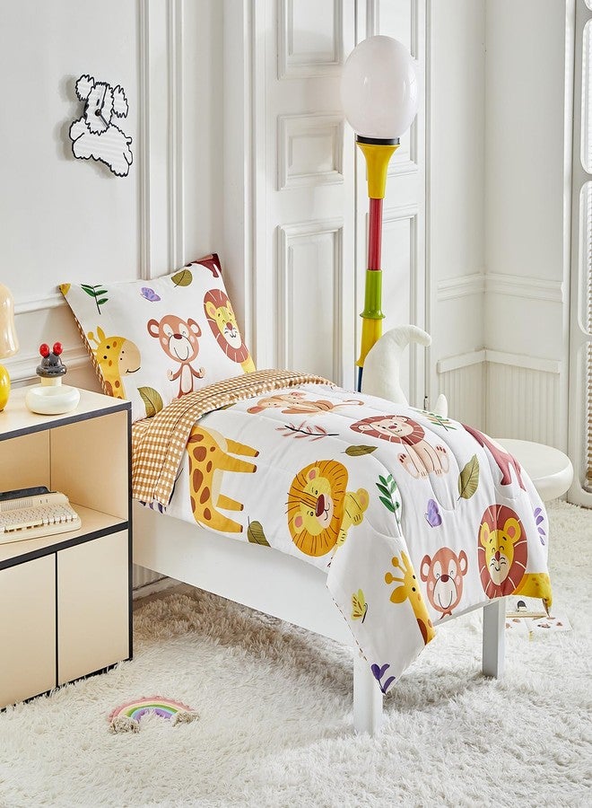 Joyreap 4 Piece Toddler Bedding Set- Cartoon Zoo Theme Animals Beige Design, Microfiber Toddler Bedding Comforter Set for Kids Boys Girls - Image 2