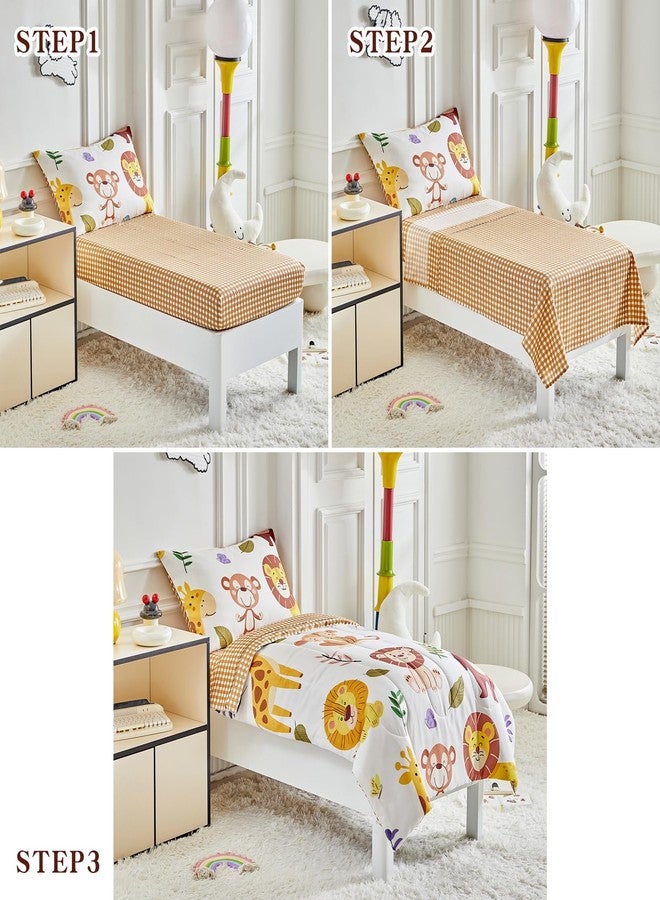 Joyreap 4 Piece Toddler Bedding Set- Cartoon Zoo Theme Animals Beige Design, Microfiber Toddler Bedding Comforter Set for Kids Boys Girls - Image 4